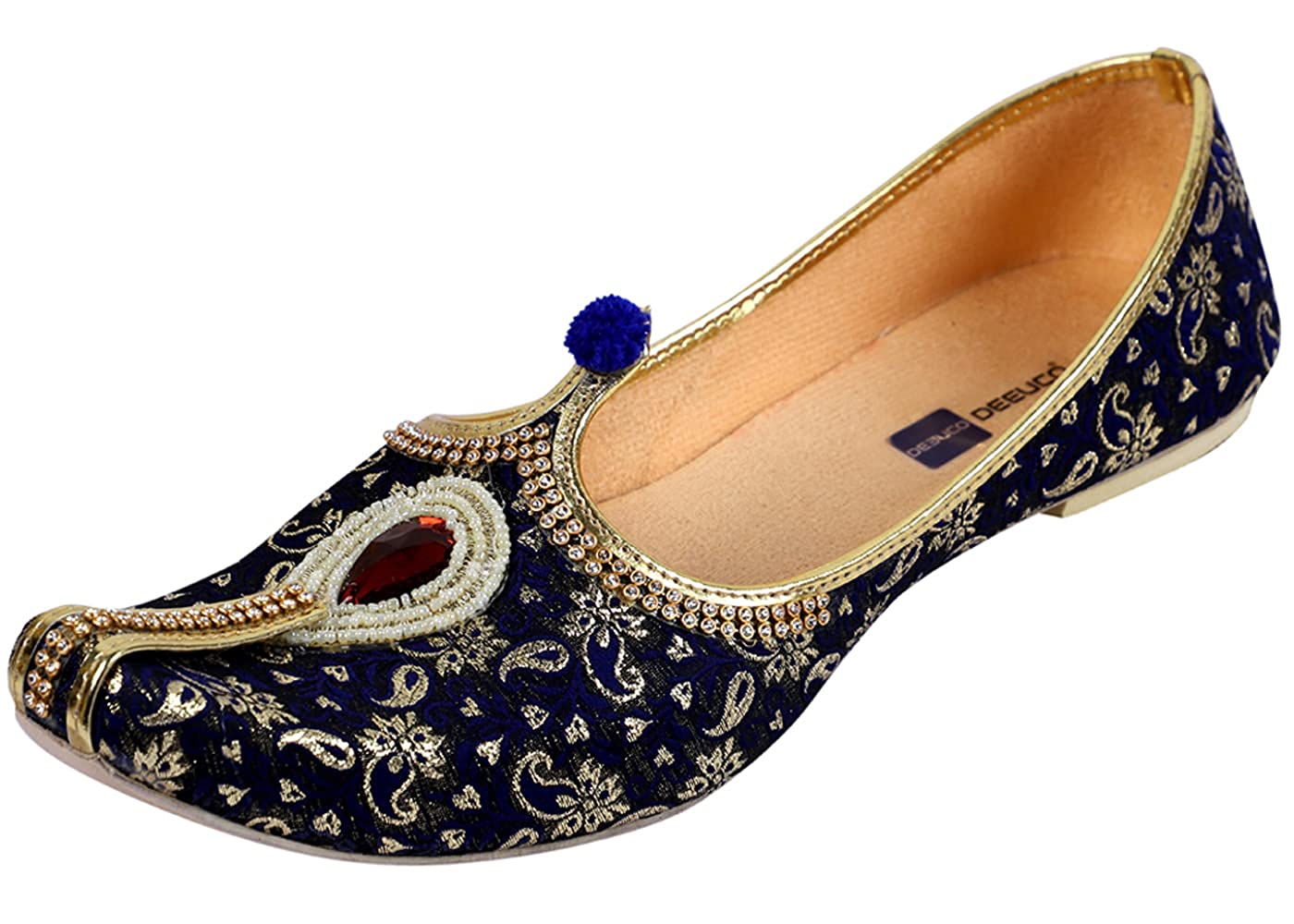 DEEUCO Men's Traditional Stone Studded Fabric Wedding and Sherwani Jutti,Mojari