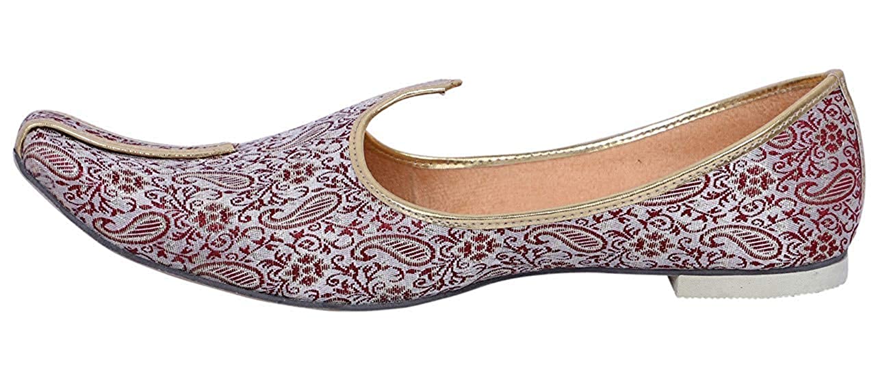 DEEUCO Men's White and Maroon Traditional Wedding and Party Jutti, Mojari