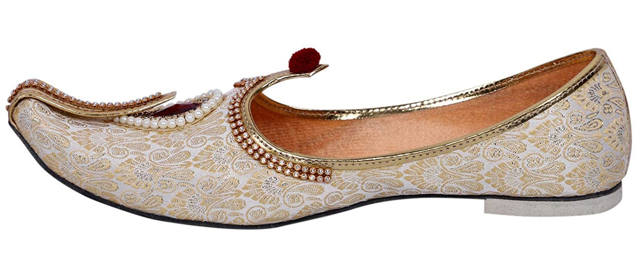 DEEUCO Men's Traditional Wedding and Sherwani Jutti/Mojari (Cream and Red)