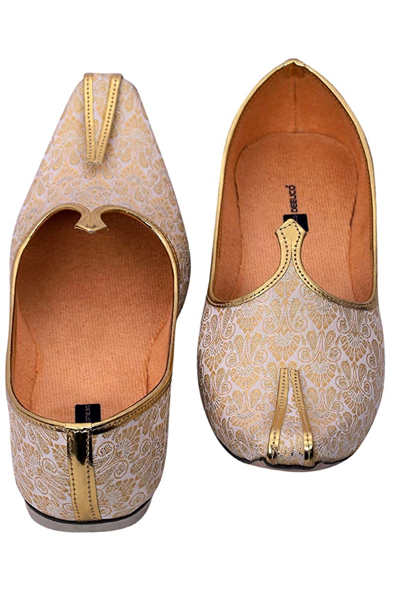 DEEUCO Men's Traditional Premium Cream and Golden Wedding and Sherwani Jutti (Mojari)