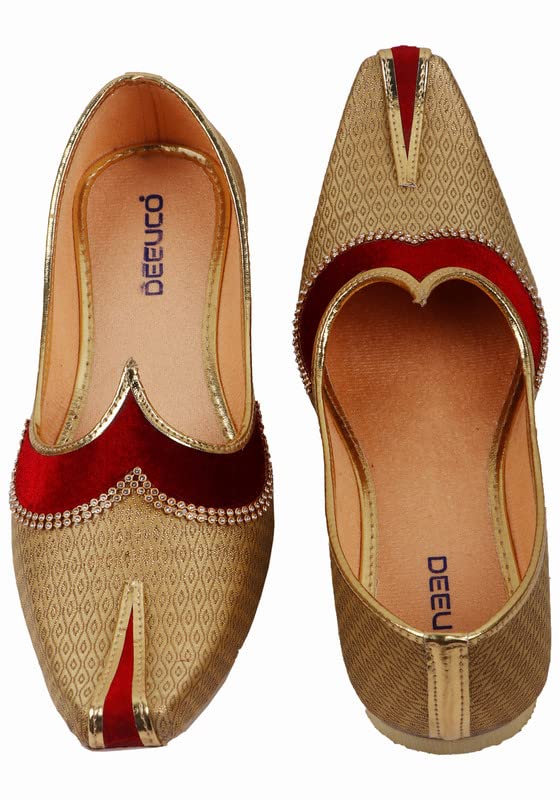 DEEUCO Men's Ethnic Golden and Maroon Wedding and Sherwani Jutti,Mojari