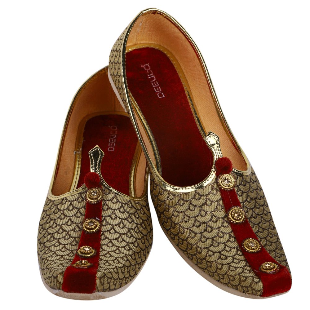 DEEUCO Men's Premium Golden with Maroon Wedding Jutti/ Sherwani Jutti Mojari
