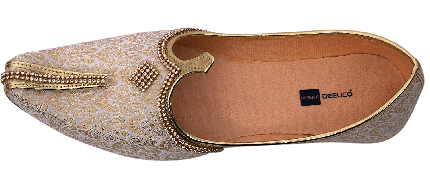 DEEUCO Men's Traditional Premium Cream and Golden Wedding and Sherwani Jutti (Mojari)