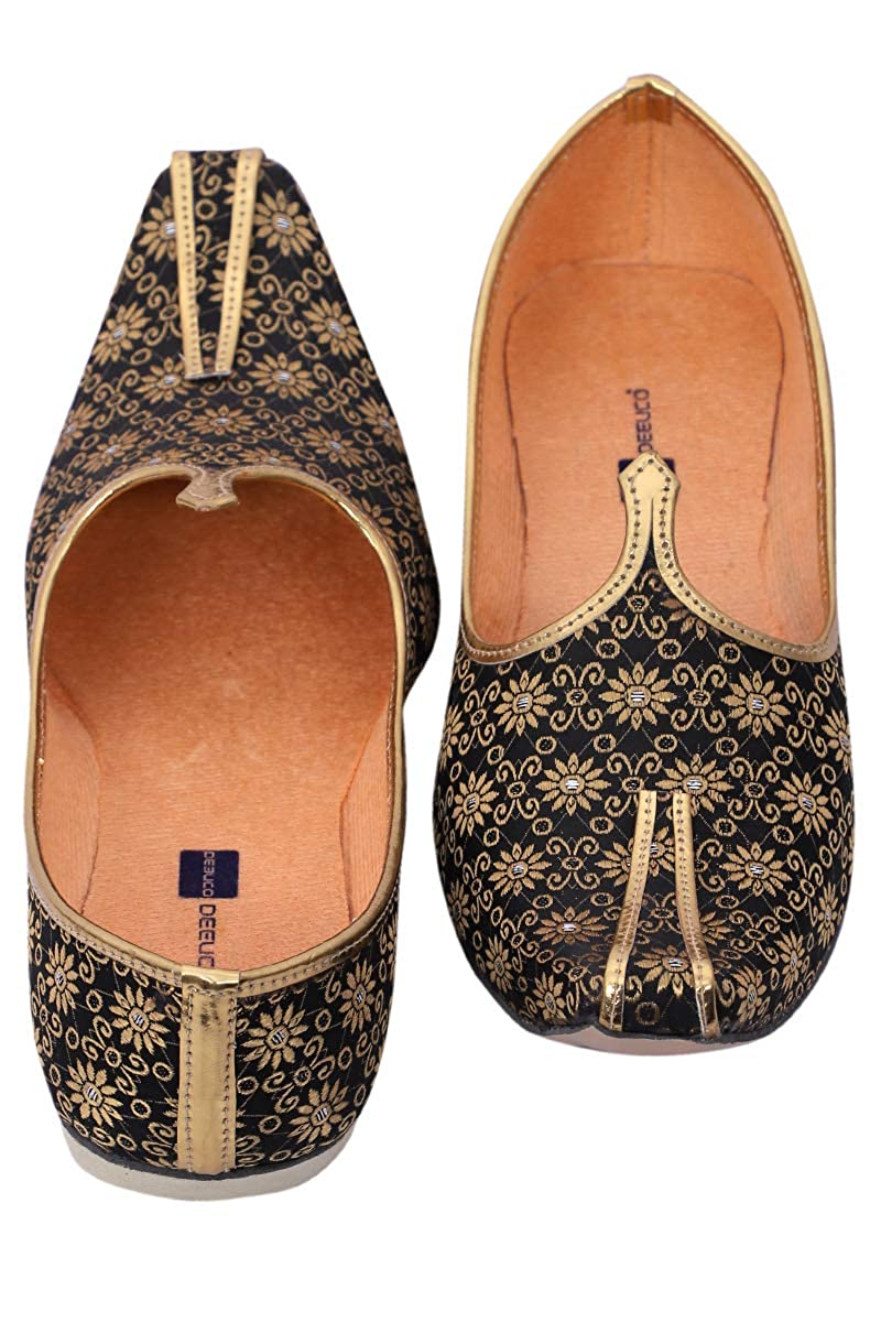 DEEUCO Men's Traditional Premium Black and Golden Wedding and Sherwani Jutti (Mojari)