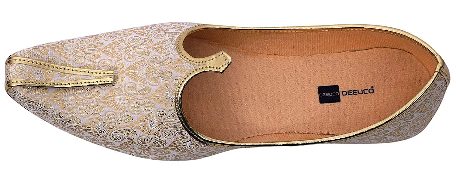 DEEUCO Men's Traditional Premium Cream and Golden Wedding and Sherwani Jutti (Mojari)