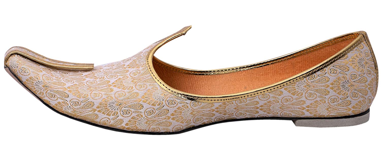 DEEUCO Men's Traditional Premium Cream and Golden Wedding and Sherwani Jutti (Mojari)