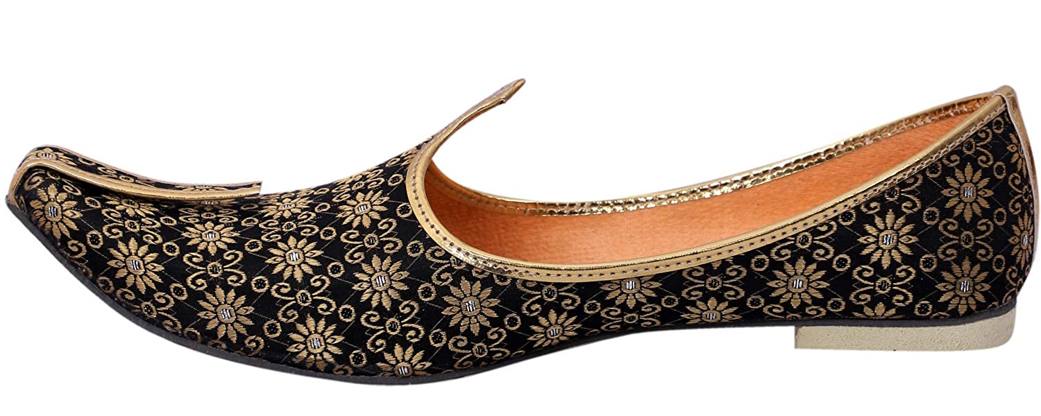 DEEUCO Men's Traditional Premium Black and Golden Wedding and Sherwani Jutti (Mojari)