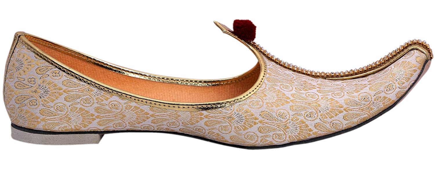 DEEUCO Men's Traditional Premium Cream and Golden Wedding and Sherwani Jutti (Mojari