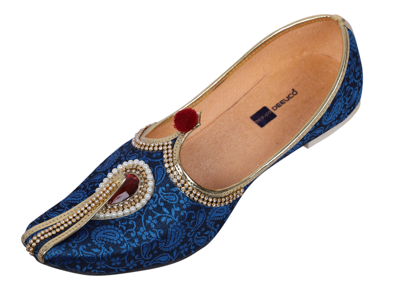 DEEUCO Men's Traditional Stone Studded Fabric Wedding and Sherwani Jutti,Mojari