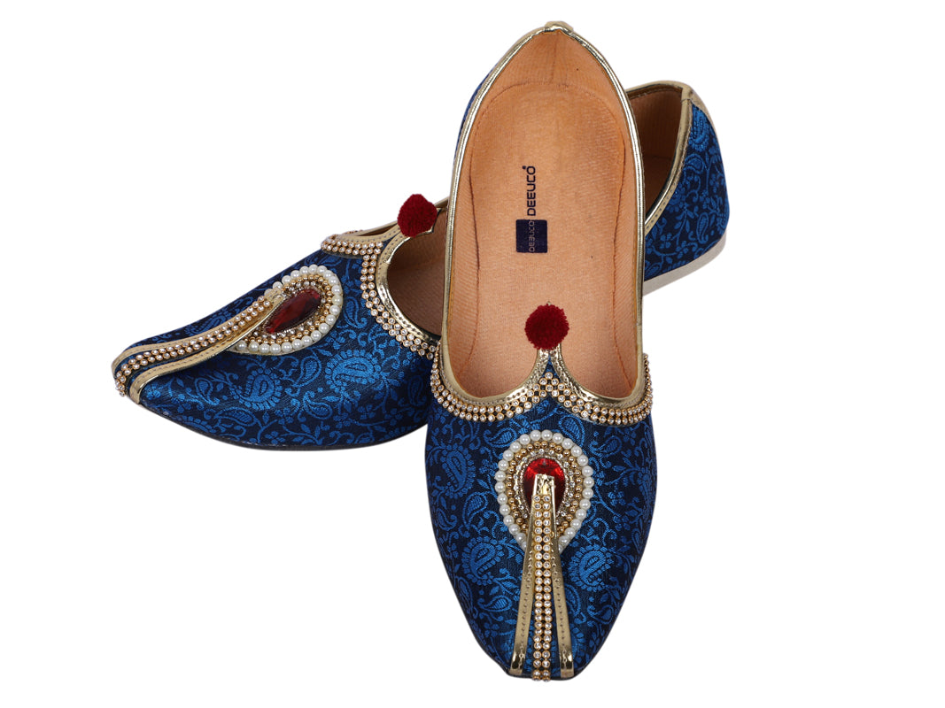 DEEUCO Men's Traditional Stone Studded Fabric Wedding and Sherwani Jutti,Mojari