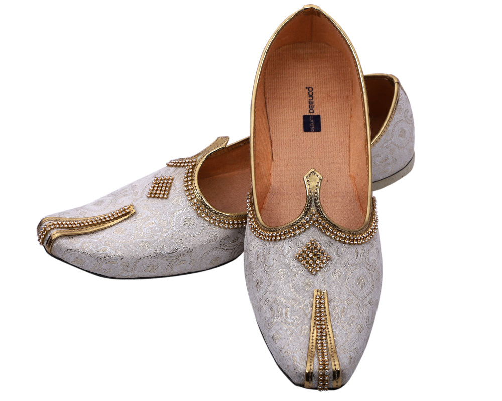 DEEUCO Men's Ethnic Cream and Golden Wedding and Sherwani Jutti, Mojari