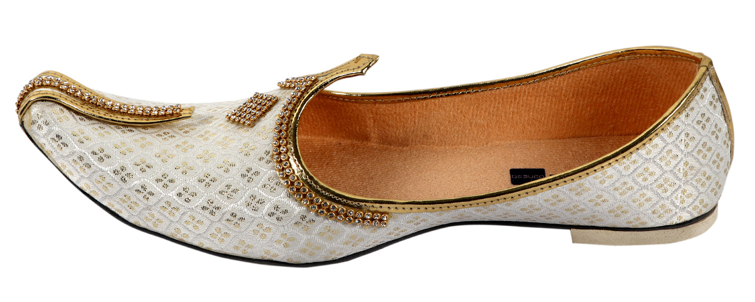 DEEUCO Men's Traditional White and Golden Wedding and Sherwani Jutti (Mojari)